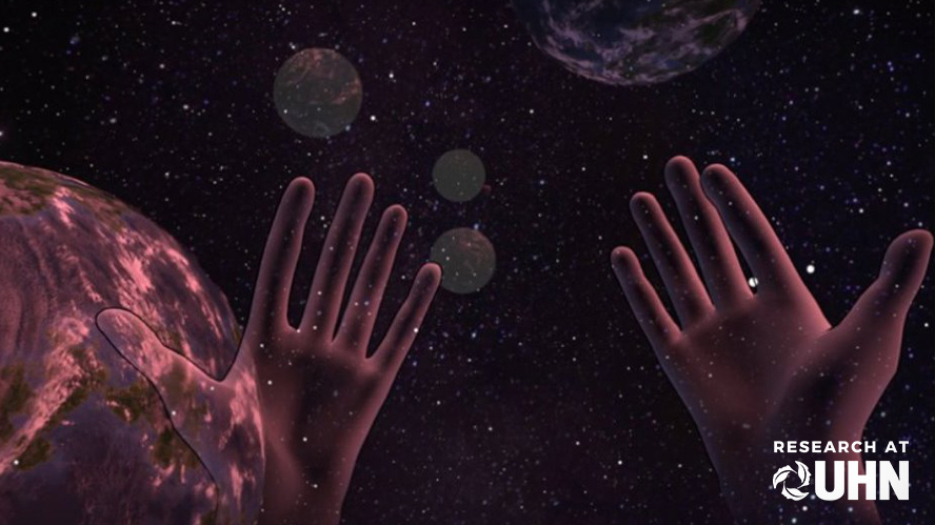 Hands in front of background of planets and starts in a virtual reality environment.